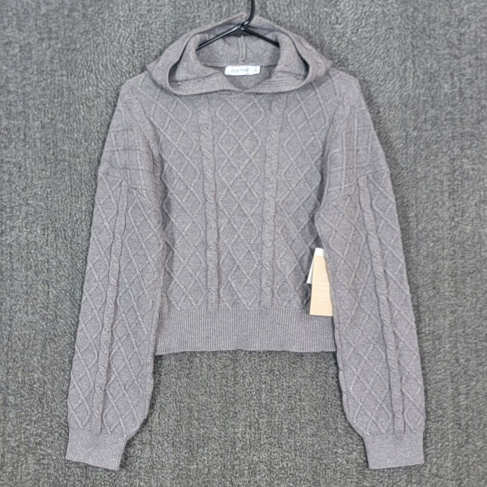 JustFab Hooded Sweater Womens Small Gray Cable Knit Cropped Pullover Hoodie